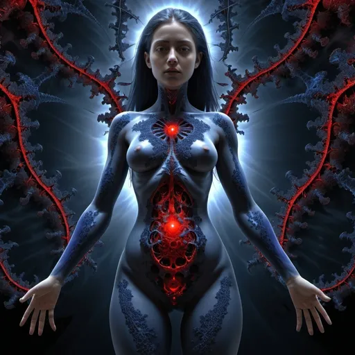 Prompt:  a young lady,displaying her own power. ((resurrection,unnatural, parasite of life,cold,soulles)),((black,indigo,red)),(( Full figure wiew)). ((Three quarter wiew)).((fractal)),((deep wiew)),modern suburbs scenario background,photographic,ultra high resolution,hyperdetailed, masterpiece, 3d modelling, digital art.