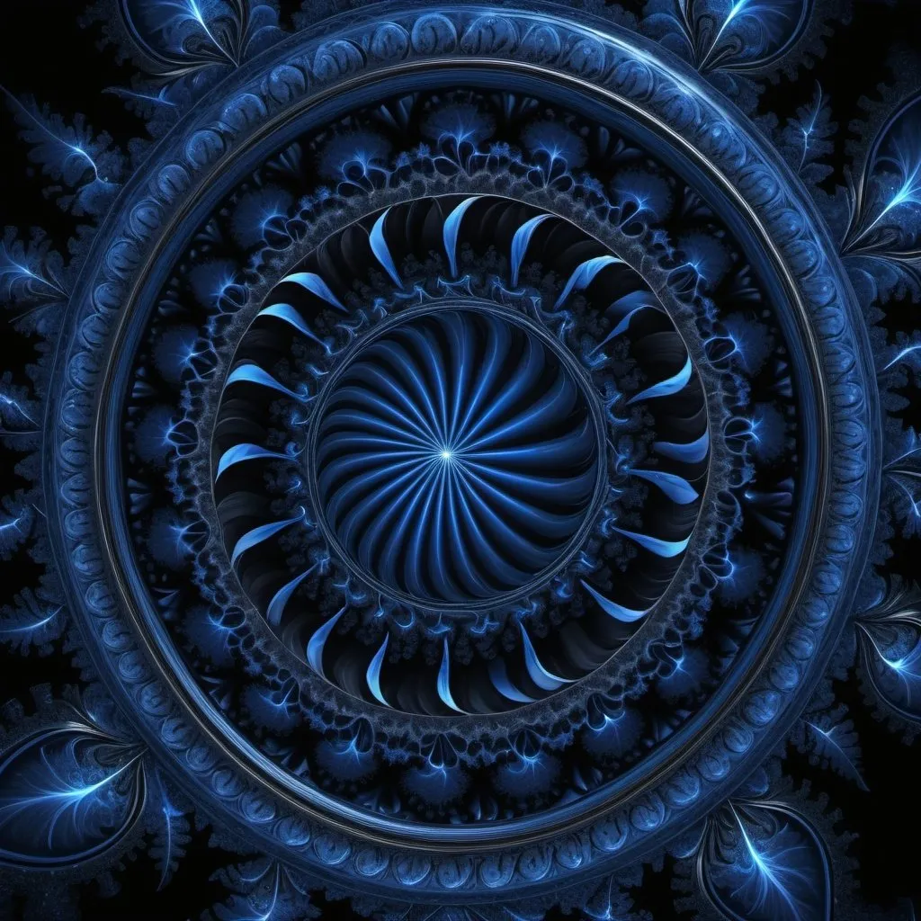 Prompt: π+400×22^(21),the Great One of the night of time, fractal, indigo, black, blue black and black rayed blue, administrative intelligence,4k resolution,hyperdetailed,masterpiece, 3d modelling, deep wiew,abstract art, digital art