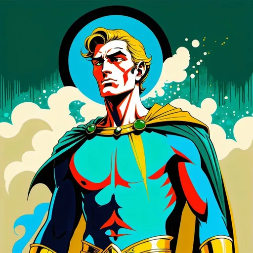 Prompt: A male human figure who personifying the Spirit of the Aethyr, in bright pale yellow, sky blue, blue emerald green and emerald flecked gold, digital art, dramatic, graphic novel illustration,  2d shaded retro comic book