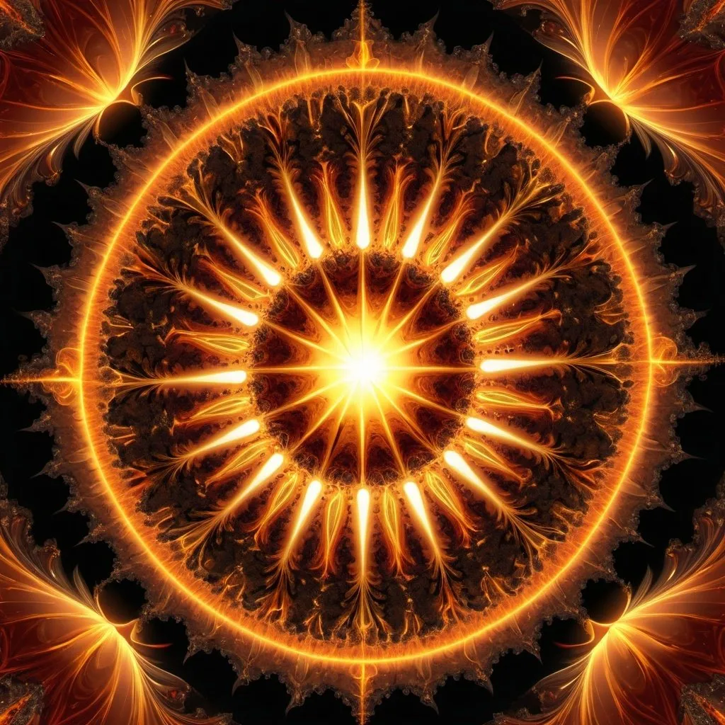 Prompt: π+200×20^(19),the Lord of the Fire of the World, Sun,fractal, orange, gold yellow, rich amber and amber rayed red, collecting intelligence,4k resolution,hyperdetailed,masterpiece, 3d modelling, deep wiew,abstract art, digital art