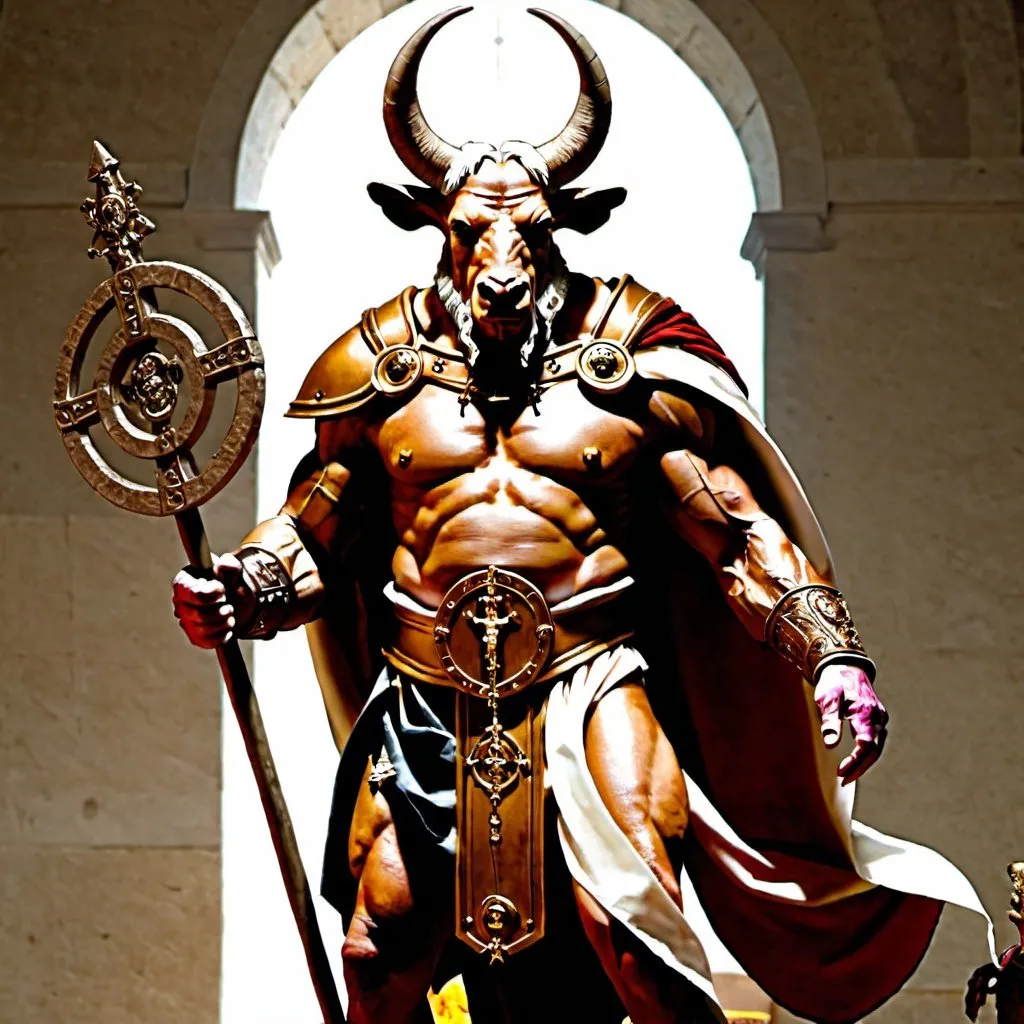 Prompt: A Minotaur, the Magus of the Eternal, the Pope