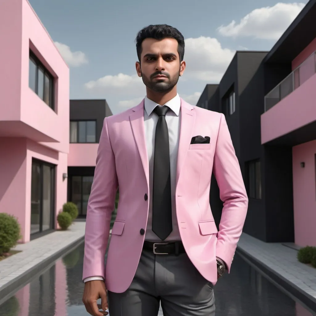 Prompt:  Slaneesh as a modern everyday man,displaying his own power. ((desire,pleasure, fulfillment,pride,cruelty)),((pink,black,pale grey)),(( Full figure wiew)). ((Three quarter wiew)).((deep wiew)),modern suburbs scenario background,photographic,ultra high resolution,hyperdetailed, masterpiece, 3d modelling, digital art.