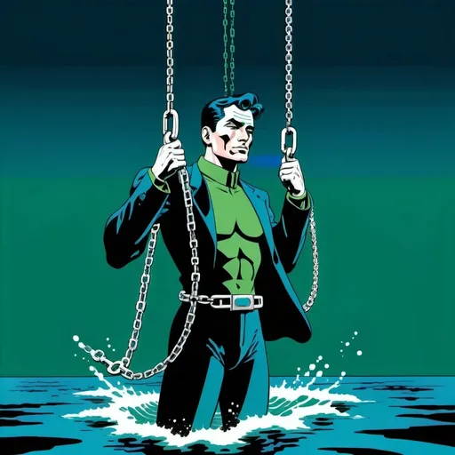 Prompt: Silk screen comic book illustration, a futuristic man dressed in deep blue and sea green is haging on a chain and suspended over the waters, detailed,1960s retro futurism