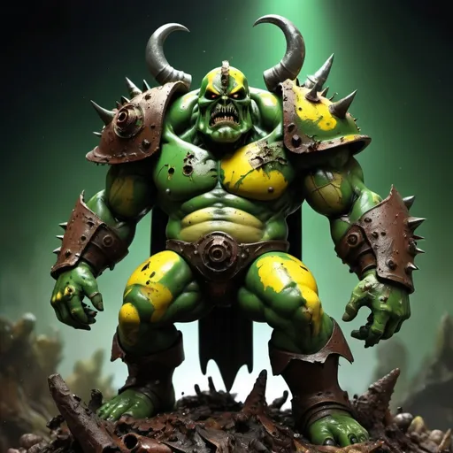 Prompt: Nurgle as a superhero,displaying his own power.((entropy, corruption, decay, resilient, master of toxins)),((dark green, dark rusted brown, yellow greenish)).(( Full figure wiew)). ((Three quarter wiew)),((deep wiew)),warped space scenario background,photographic,ultra high resolution,hyperdetailed, masterpiece, 3d modelling, digital art, abstract art. 