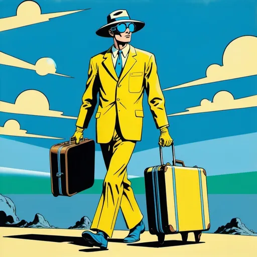 Prompt: Silk screen comic book illustration,A futuristic wanderer dressed in pale yellow and sky blue is wandering around carrying a suitcase,1960s retro futurism