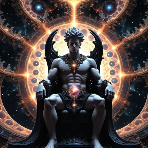 Prompt: He's the one who move the entire universe. From the beginning of creation, he push and expand the universe forward and forward. He's the unstoppable son of Time.(( the God of the Dark Energy sits on his throne)),((fractal)),((deep wiew)),photographic,ultra high resolution,hyperdetailed, masterpiece, 3d modelling, abstract art, digital art, Gothic art.