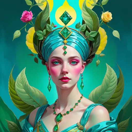 Prompt: The Empress, dressed in sky blue, emerald green, early spring green and bright rose of cerise rayed pale yellow, Illuminating intelligence, the Daughter of the Mighty Ones, Venus, Caza art, digital art