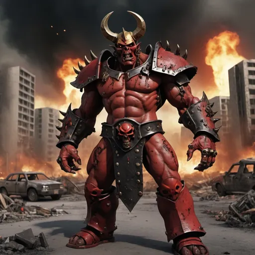 Prompt:  Khorne as a modern everyday man,displaying his own power. ((conflict, destruction,rage,warmaster)),((black, red, golden brass)),(( Full figure wiew)). ((Three quarter wiew)).((deep wiew)),modern suburbs scenario background,photographic,ultra high resolution,hyperdetailed, masterpiece, 3d modelling, digital art.