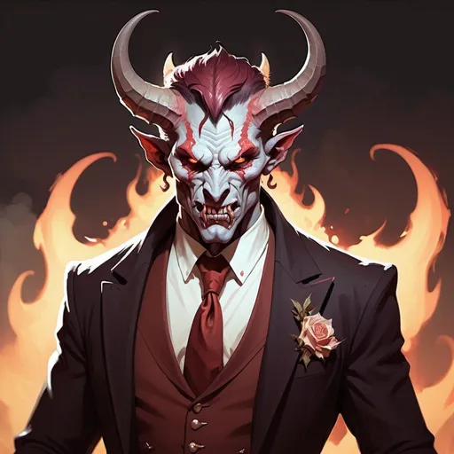 Prompt: 
a sharp dressed demon,  three quarter wiew, battlefield scenario lovely, merciless, ignominous and pale, sweet, fantasy character art, illustration, dnd, warm tone