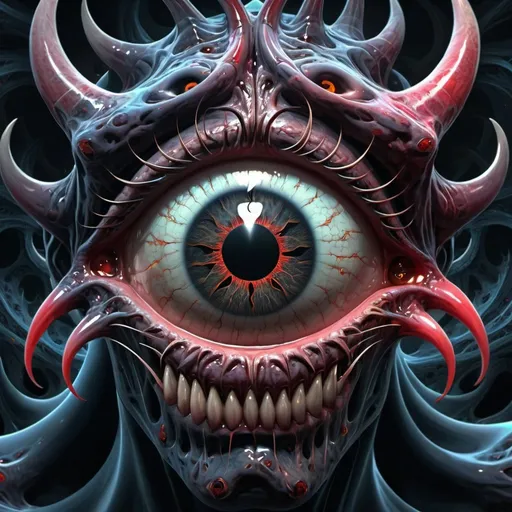 Prompt: A  demon is submmiting humans, infected,predatorial eyes, devourer, highly detailed, 4k resolution, masterpiece,fractal background, warp space background, Dalí art,digital art