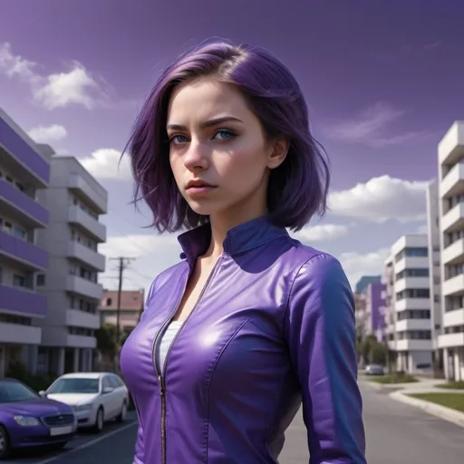 Prompt:   a young lady,displaying her own power. ((changing, knowledge, defiance, plotting, foreseeing)),((violet,blue,purple)),(( Full figure wiew)). ((Three quarter wiew)),((deep wiew)),modern suburbs scenario background,photographic,ultra high resolution,hyperdetailed, masterpiece, 3d modelling, digital art.