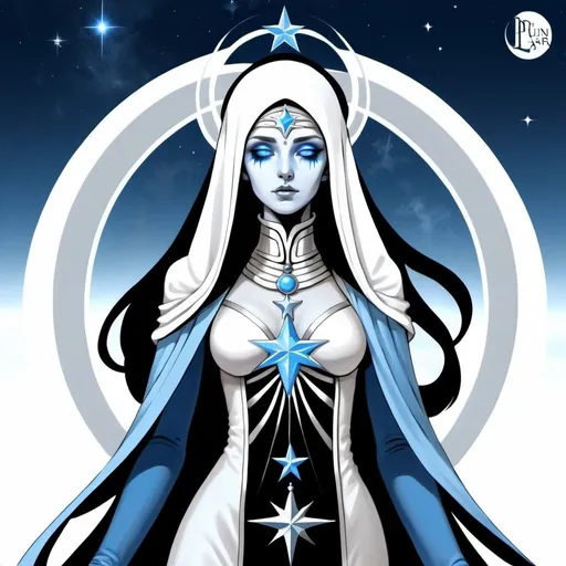 Prompt: the High Priestess, dressed in silver, blue, cold pale blue and silver rayed sky blue, uniting intelligence, the Priestess of the Silver Star, Luna, the High Priestess, Caza art, digital art