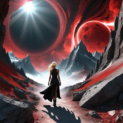 Prompt: π×(9+2+3)^(2)+1123369853, a beautiful woman is walking trough a rocky mountains scenario. She is a warrior and she is dressed in black and scarlet. She is blonde and has((demonic eyes)),((dark energy aura)),three quarter wiew, ((fractal environment)),((deep wiew)),((changing perspectives)), warped space background, rocky mountains scenario,photographic,ultra high resolution,hyperdetailed, masterpiece, 3d modelling, abstract art.