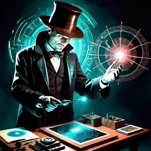 Prompt:  A technological magician who is displaying his art using his tools, digital art, science-fiction, pulp style