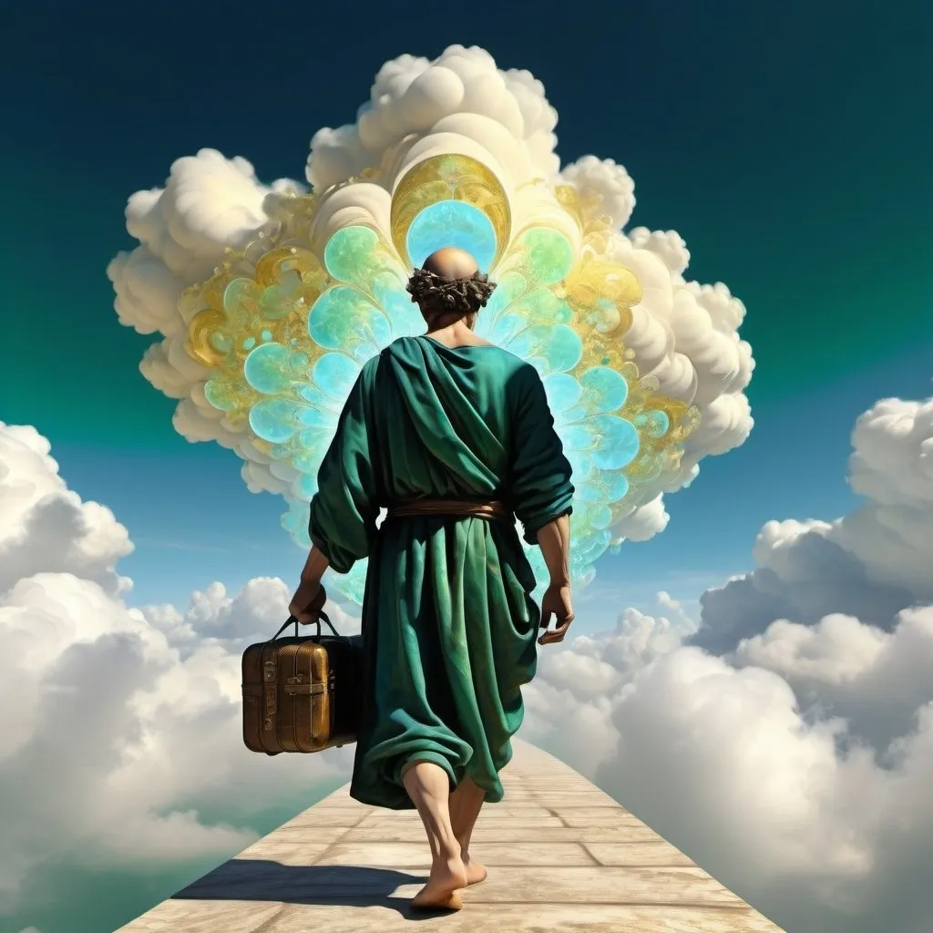 Prompt:  an intricate cloud system is shaping the figure of the spirit of the aethyr, a wanderer is walking with his luggage, male, scintillating intelligence,dominant  pale yellow, sky blue, blue emerald green and emerald flecked gold color tonality, fractal, brilliant colours, masterpiece, highly detailed, 4k resolution,  3d modelling, digital art, abstract art, Caravaggio art