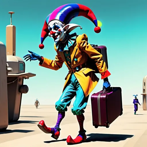 Prompt: A futuristic crazy jester wandering around carrying a suitcase, digital art, science-fiction, pulp style