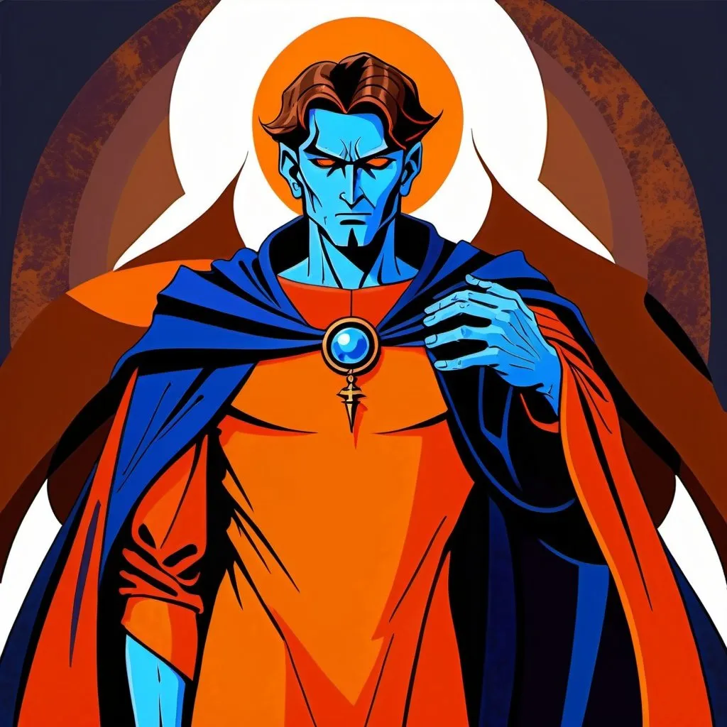 Prompt: A male human figure who personifying the Magus of the Eternal, in red orange, deep indigo, deep warm olive and rich brown, dramatic, graphic novel illustration,  2d shaded retro comic book