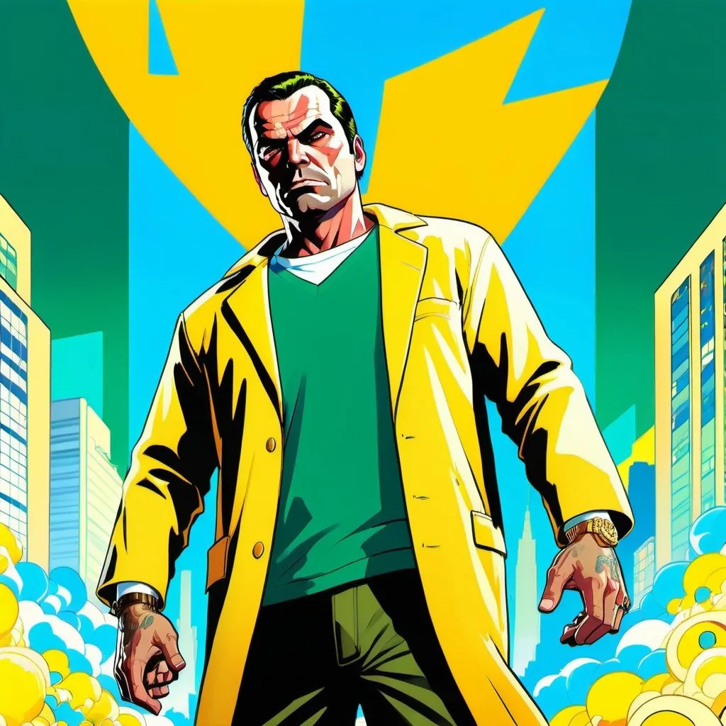 Prompt: GTA V cover art, A male human figure who personifying the Spirit of the Aethyr, in bright pale yellow, sky blue, blue emerald green and emerald flecked gold, breaking the law, cartoon illustration