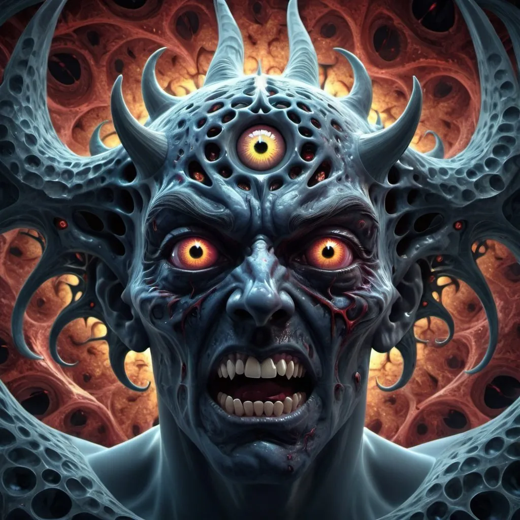 Prompt: A  demon is submmiting humans, infected,predatorial eyes, devourer, highly detailed, 4k resolution, masterpiece,fractal background, warp space background, Dalí art,digital art