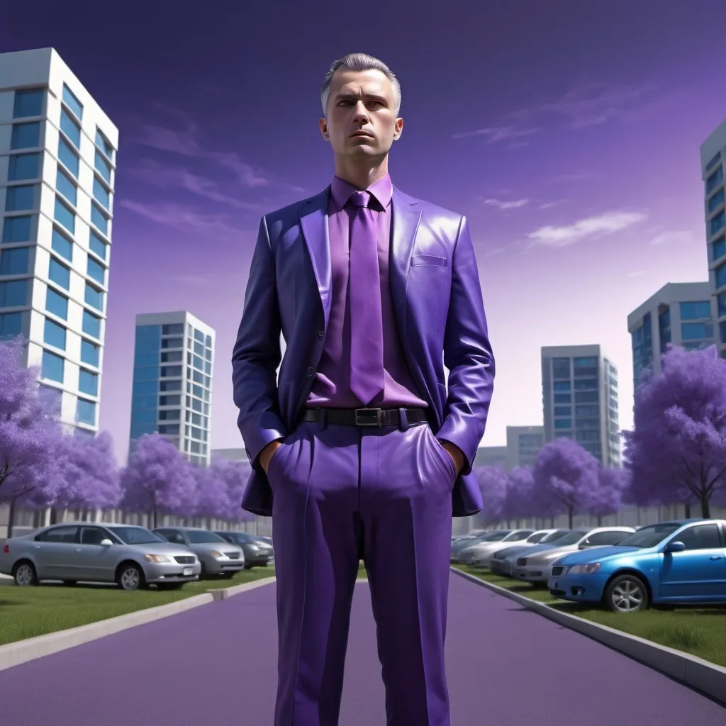 Prompt: A modern everyday man,displaying his own power. ((changing, knowledge, defiance, plotting, foreseeing)),((violet,blue,purple)),(( Full figure wiew)). ((Three quarter wiew)).((deep wiew)),modern suburbs scenario background,photographic,ultra high resolution,hyperdetailed, masterpiece, 3d modelling, digital art.