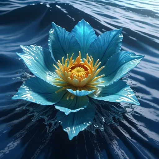 Prompt: A water flower is growing on a tapestry of restless ocean surface, relentless,blue energy aura,pure, supernatural,highly detailed, 4k resolution, masterpiece,ocean scenario,digital art, Druillet art, 1980s 