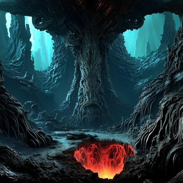 Prompt: A huge deep abyss made of black stone, incandescent magma, phosphorescent radioactive mineral, gates to hell, it ends in the bottom with a living organic obscurity, abysssanctum, procreation of the wicked, synthetic grotesque,highly detailed, 4k resolution, masterpiece, 3d modelling,digital art,Druillet art