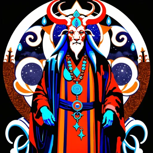 Prompt: The Hierophant, dressed in red orange, deep indigo, deep warm olive and rich brown, triumphal, the Magus of the Eternal, Taurus,  Caza art, digital art