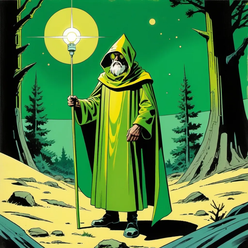 Prompt: Silk screen comic book illustration, a futuristic hermit dressed with a green yellowish cloke and cowl is standing in the wilderness bearing a light , 1960s retro futurism
