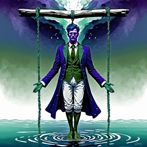 Prompt:  The Hanged Man, dressed in deep blue,sea green, deep olive green and white flecked purple, stable intelligence , the Spirit of the Mighty Waters, water, Caza art, digital art