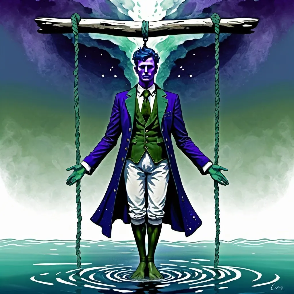 Prompt:  The Hanged Man, dressed in deep blue,sea green, deep olive green and white flecked purple, stable intelligence , the Spirit of the Mighty Waters, water, Caza art, digital art