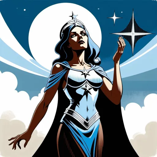 Prompt: A female human figure who personifying the Priestess of the Silver Star, in blue, silver, cold pale blue and silver rayed sky blue , digital art dramatic, graphic novel illustration,  2d shaded retro comic book