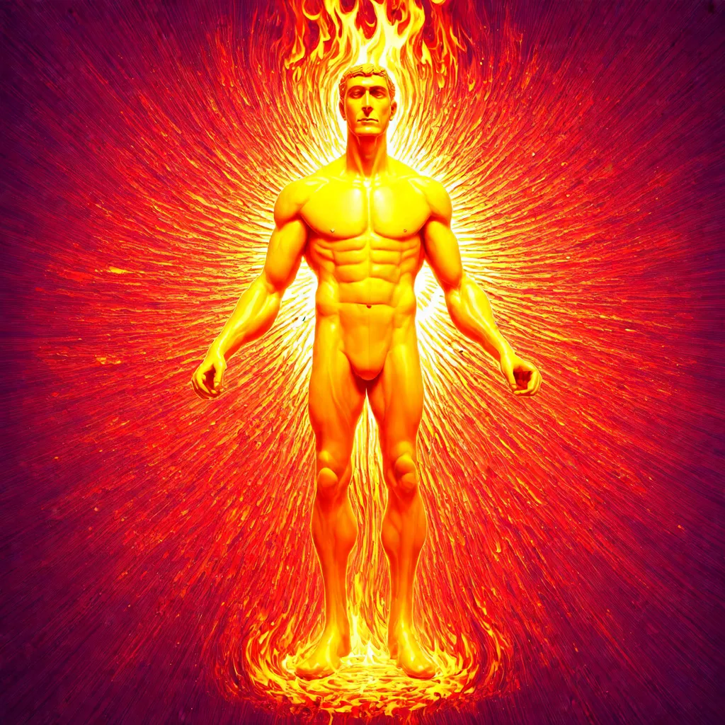 Prompt: A male human figure who personifying the tarot of The Sun, he is the wealthy one, the one who give richness to all the living beings, dressed in orange, gold yellow, rich amber and amber rayed red, collecting intelligence, The Lord of the Fire of the World, Sun,1÷10×√(50)×tan(78)+125^(2)÷√(8.888), fractal,organic matter, cellular colony, deep wiew,4k resolution,hyperdetailed, masterpiece, 3d modelling, abstract art, digital art