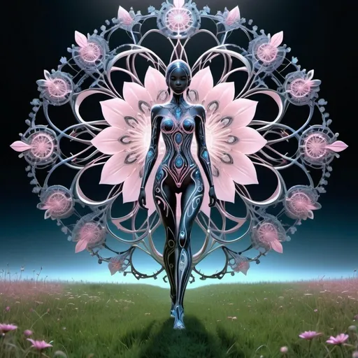 Prompt: A beautiful woman is walking in the middle of a flowery grassland, growing like a biomechanical organism, pale pink, black and metallic silver,like a living organism, shining bright, symmetrical designs and arabesques, adorned with blue lights, digital art, masterpiece, highly detailed, 3d modelling, 4k resolution, abstract art, digital art, photographic


