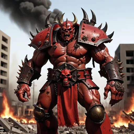 Prompt:  Khorne as a modern everyday man,displaying his own power. ((conflict, destruction,rage,warmaster)),((black, red, golden brass)),(( Full figure wiew)). ((Three quarter wiew)).((deep wiew)),modern suburbs scenario background,photographic,ultra high resolution,hyperdetailed, masterpiece, 3d modelling, digital art.