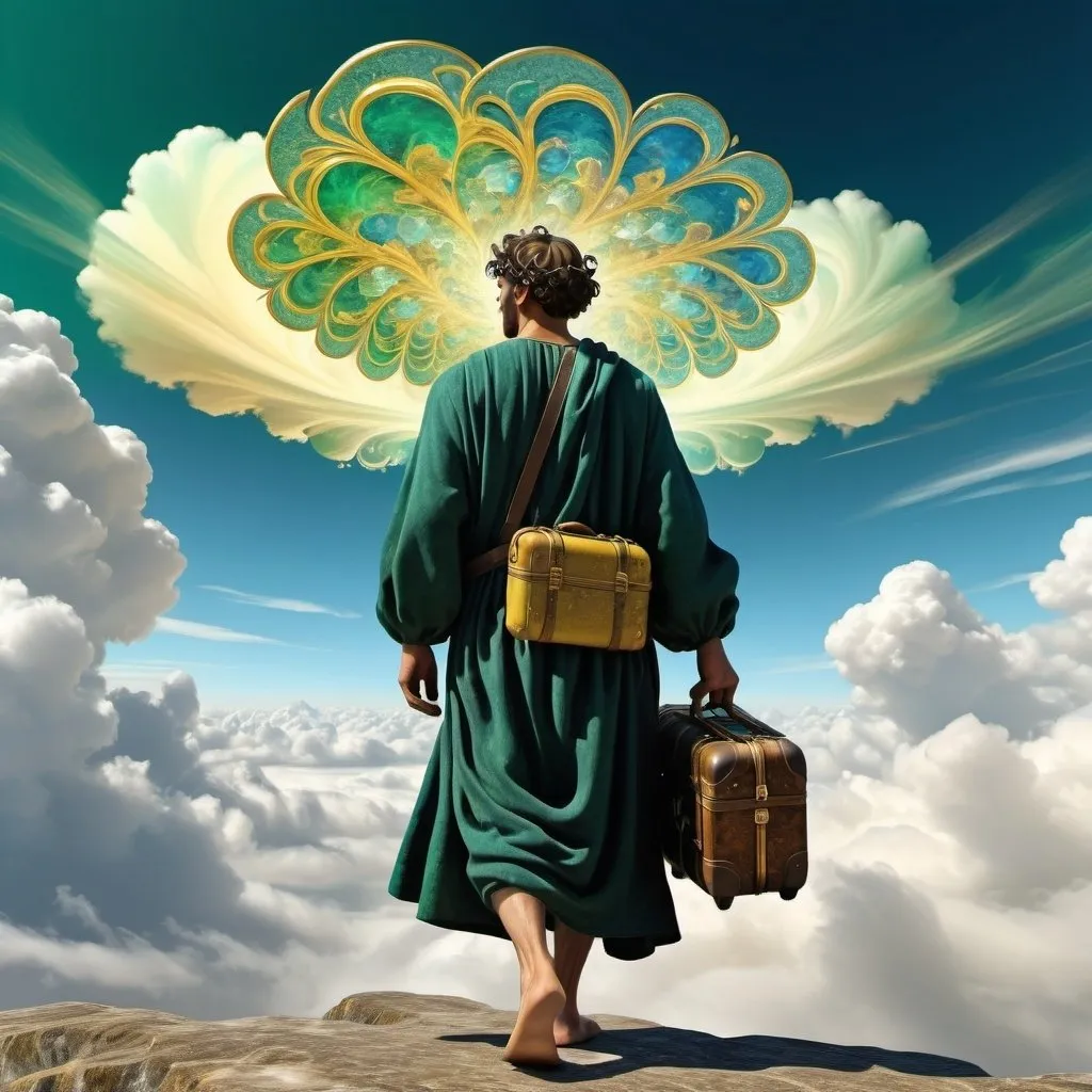 Prompt:  an intricate cloud system is shaping the figure of the spirit of the aethyr, a wanderer is walking with his luggage, male, scintillating intelligence,dominant  pale yellow, sky blue, blue emerald green and emerald flecked gold color tonality, fractal, brilliant colours, masterpiece, highly detailed, 4k resolution,  3d modelling, digital art, abstract art, Caravaggio art