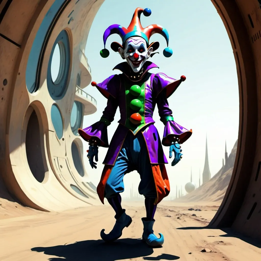 A crazy futuristic jester wandering around, digital...