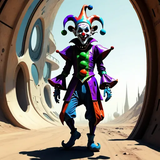 Prompt: A crazy futuristic jester wandering around, digital art, science-fiction, pulp style