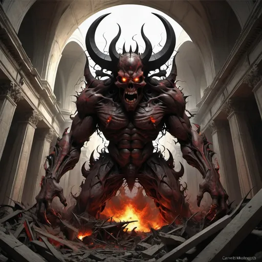 Prompt: 555^(3),((war-demons, demolition.
deep, down from the infernal regions)),
your dreams of dread,
will take you soon to the dead. Full figure wiew,
fractal,deep wiew,ultra high resolution,hyperdetailed, masterpiece, 3d modelling, abstract art, digital art, Caravaggio art.