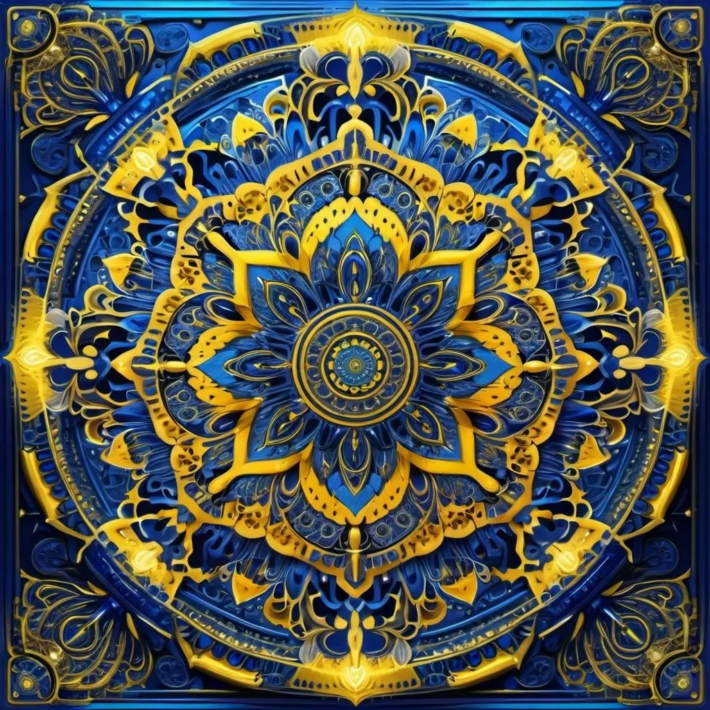 Prompt: A beautiful mandala that is starting from a square in the center, growing in electric blue light and chromed circuitry flecked with yellow,shining bright, growing in symmetrical designs and arabesques, adorned with silver, digital art, masterpiece, highly detailed, 4k resolution, abstract art, oriental art, digital art, photographic