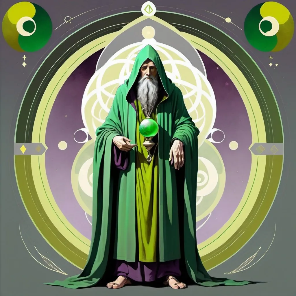 Prompt: The Hermit, dressed in green yellowish,state grey,green gray and plum colour, intelligence of will, the Prophet of Eternal, the Magus of the Voice of Power, Virgo, Caza art, digital art