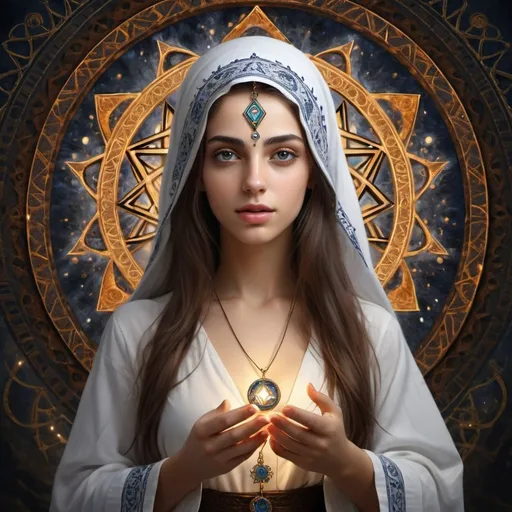 Prompt: A beautiful girl personifying the Kabbalistic concept of the sefira Hod, masterpiece, digital art