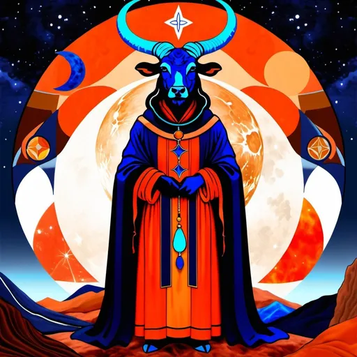 Prompt: The Hierophant, dressed in red orange, deep indigo, deep warm olive and rich brown, triumphal, the Magus of the Eternal, Taurus,  Caza art, digital art