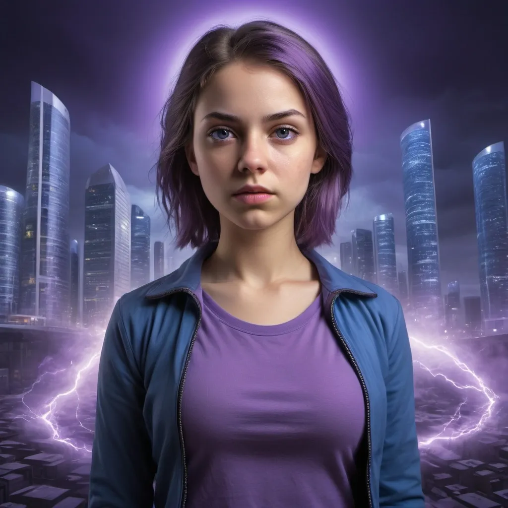 Prompt:   a young lady,displaying her own power. ((changing, knowledge, defiance, plotting, foreseeing)),((violet,blue,purple)),(( Full figure wiew)). ((Three quarter wiew)),((deep wiew)),modern suburbs scenario background,photographic,ultra high resolution,hyperdetailed, masterpiece, 3d modelling, digital art.