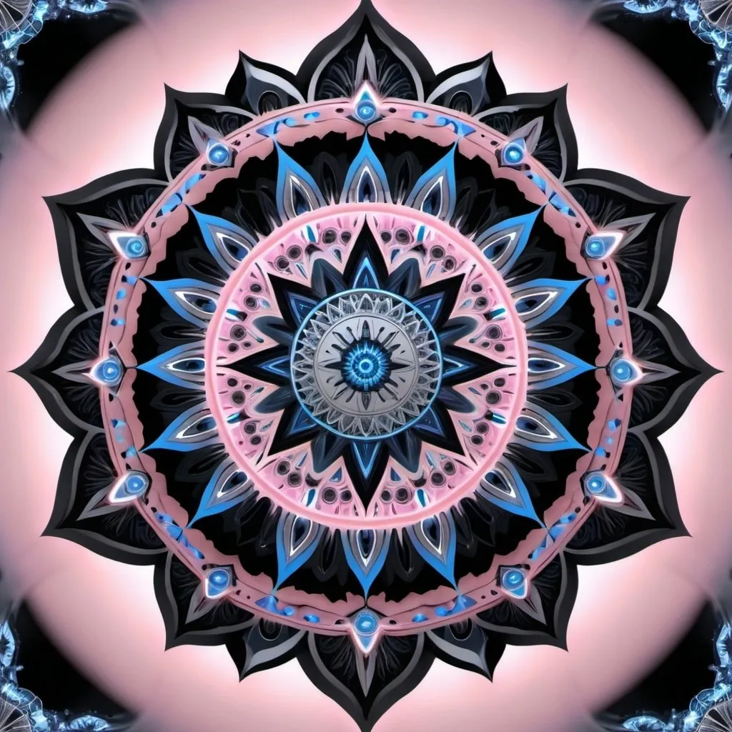 Prompt:  A beautiful mandala that is starting from a eight pointed star in the center, growing like a biomechanical organism, pale pink, black and metallic silver,like a living organism, shining bright, growing in symmetrical designs and arabesques, adorned with blue lights, digital art, masterpiece, highly detailed, 3d modelling, 4k resolution, abstract art, digital art, photographic