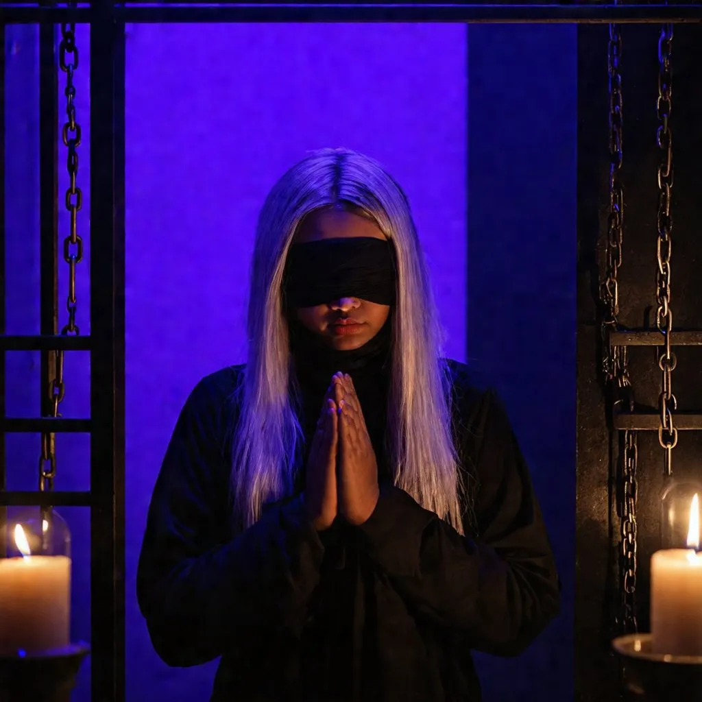 Prompt: Start with a dark jail bathed in a mysterious black light, creating a sense of confinement and secrecy. The jail should have intricate details like iron bars and chains, suggesting imprisonment or restraint, BREAK
In the center of this room, depict a (((beautiful))) darkskin androgen with long white hair, blindfolded with a black cloth. She should be in a prayerful pose, offering her prayers with an expression of serene solemnity. Her beautiful unique features, like alabaster skin and possibly discernible white hair, should stand out against the dark setting, BREAK
Include details like flickering candlelight in the foreground, casting a warm glow and creating shadows that dance across the girl and the room. The candlelight should provide the main source of illumination, adding to the mystical and somber atmosphere, BREAK
Apply a shallow focus effect to the image, where the girl and the nearest elements like the candlelight and some of the chains are in sharp focus, while the background, including parts of the room and some iron bars, softly blur into the purple light, BREAK
Ensure the overall atmosphere of the image is one of solemnity and mystery, with the androgen's sacred presence and the room's eerie ambiance synergistically creating a powerful visual narrative.