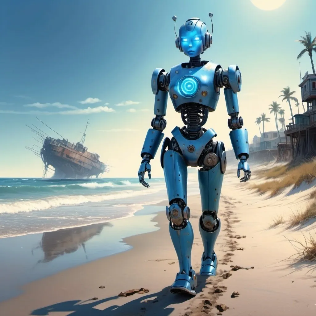 Prompt: A robotic girl is walking ahead on the beach, relentless,blue energy aura,ocean gateways, supernatural,highly detailed, 4k resolution, masterpiece,wasteland scenario,digital art, pulp illustration art, 1950s