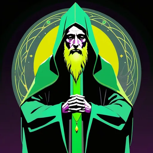 Prompt: The Hermit, dressed in green yellowish,state grey,green gray and plum colour, intelligence of will, the Prophet of Eternal, the Magus of the Voice of Power, Virgo, Caza art, digital art