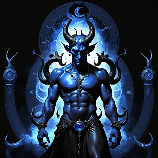 Prompt: The Devil, dressed in indigo, black, blue black and cold dark grey, renovating intlligence, the Lord of the Gates of Matter, the Child of the Forces of Time, Capricorn, Caza art, digital art