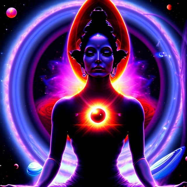 Prompt:  Black Hole goddess sitting in the lotus asana,  Space goddess,  mystical energy aura,portrait, masterpiece, 8k resolution, warp space background, Caza art, digital art