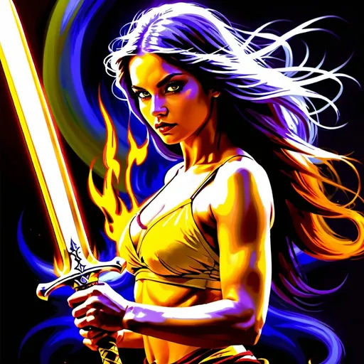 Prompt: The Strength, dressed in yellow greenish,deep purple, grey and reddish amber, intelligence of all the activities of the spiritual beings, the Daughter of the Flaming Sword, Leo, Caza art, digital art